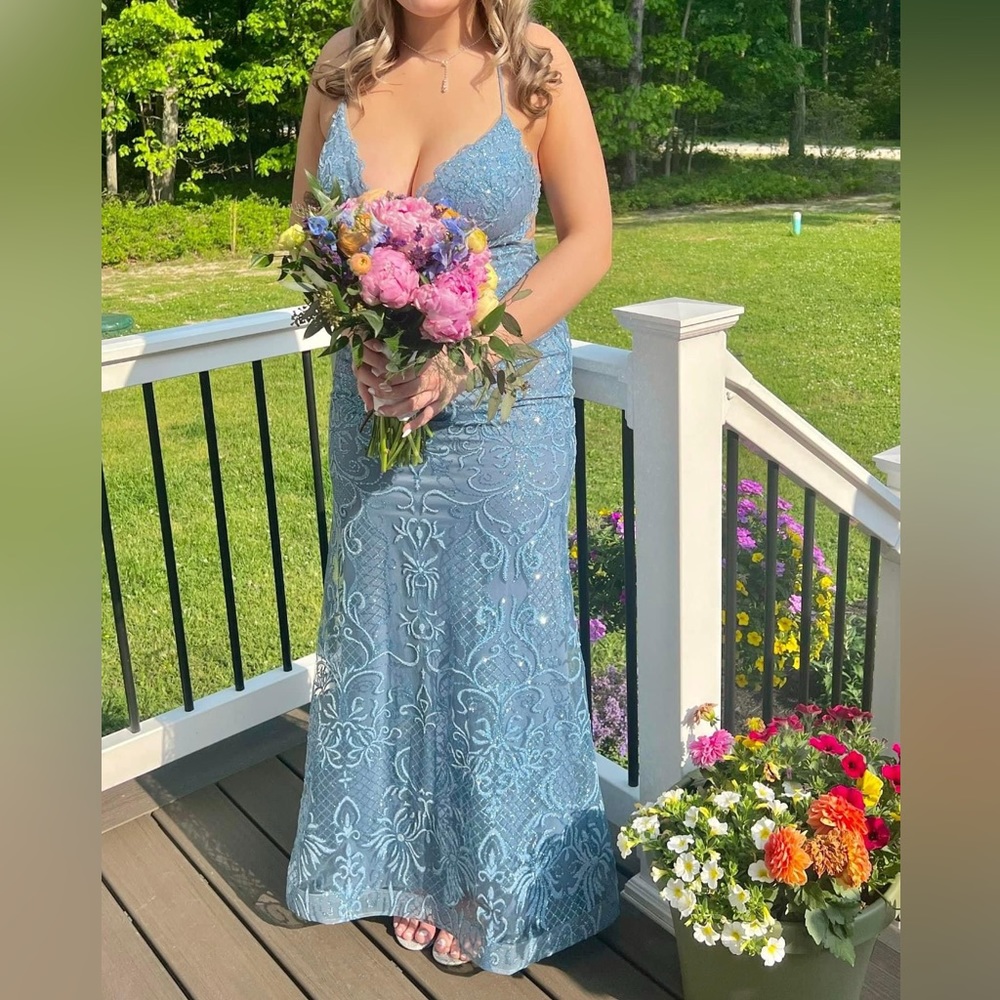 Beautiful slate blue lace prom dress